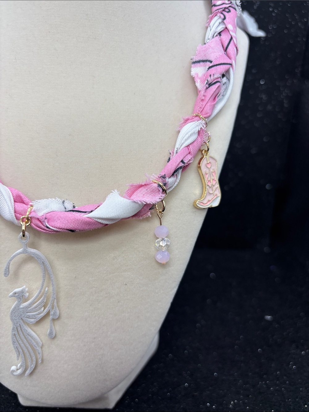 Handmade Pink Western Charm Necklace | Phoenix Pendant, Cowgirl Boot & Horseshoe - Picture 5 of 6